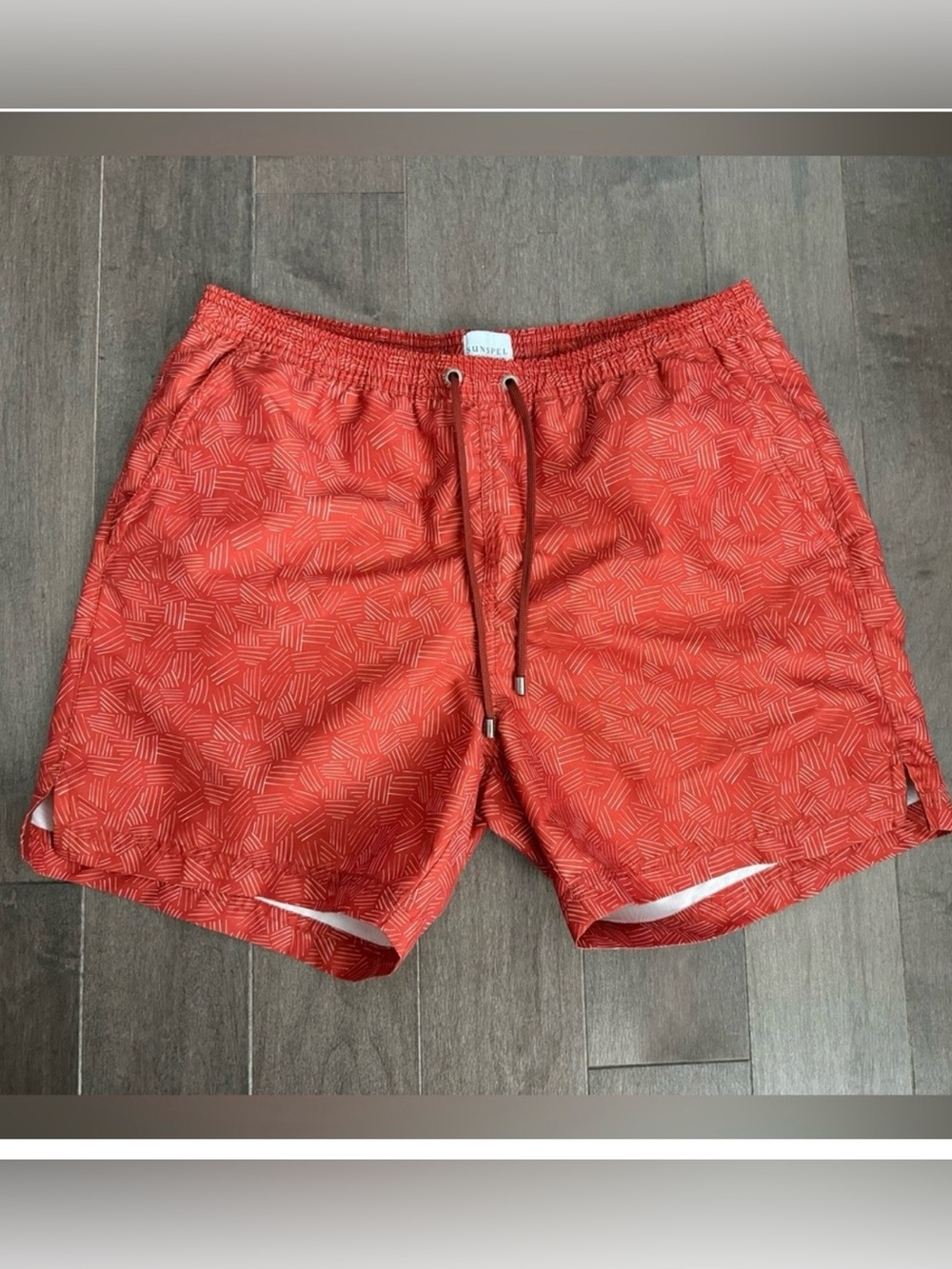 Sunspel Tailored Swim Shorts — Coral Herringbone, Size M